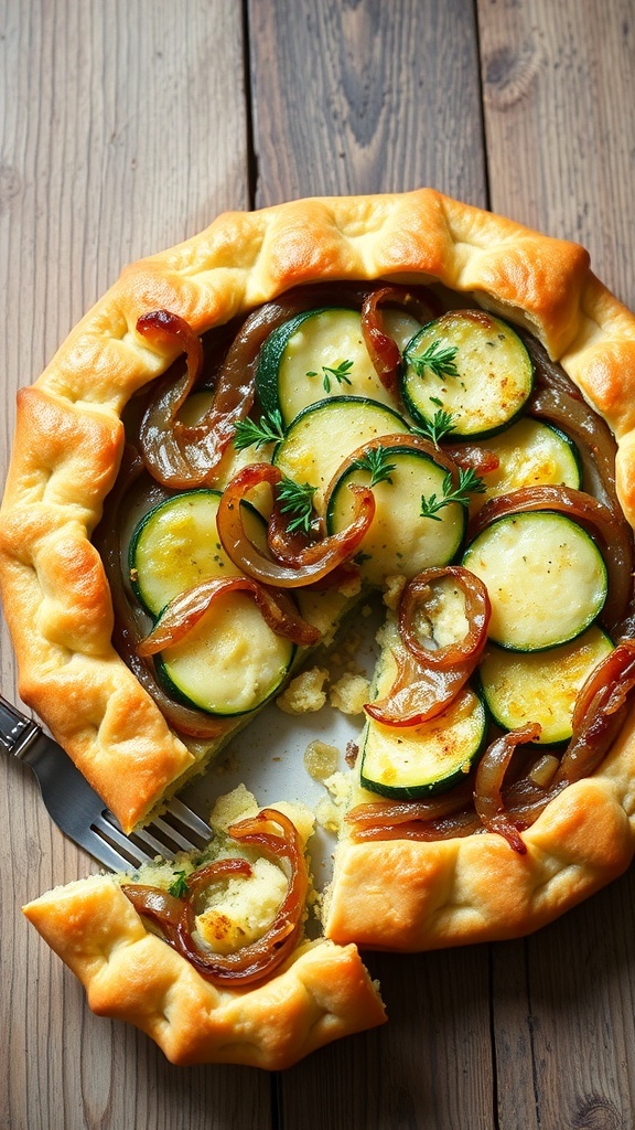Savory Onion and Zucchini Pie Recipe A savory onion and zucchini pie with a flaky crust, filled with zucchini and onions, garnished with herbs, on a wooden table.